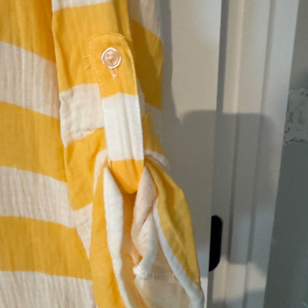 Kaktus Yellow & White Striped Roll Tab Sleeve Top Sz Med. - Picture 4 of 7
